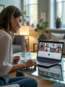 a woman at her laptop mediating online with several people for civil mediation