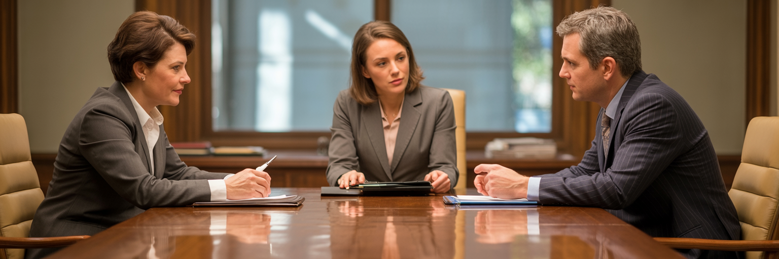 Mandatory mediation is becoming more regular as two business people in dispute use air to resolve an issue at table with mediator. 
